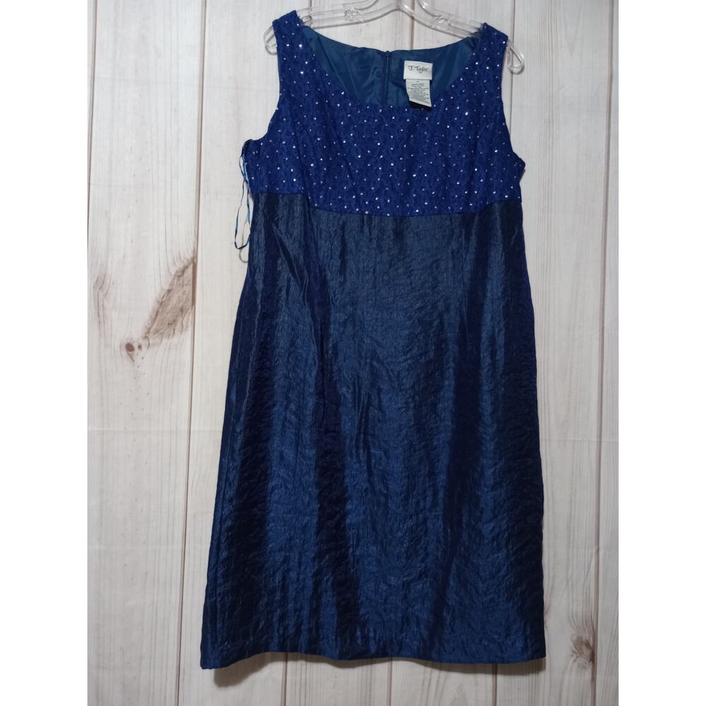 J Taylor Blue Sleeveless‎ Embellished Satin Dress - Size 16